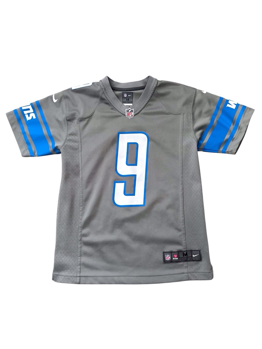 NFL Kids Gray Detroit Lions #9 Jersey with Blue Accents, Size M